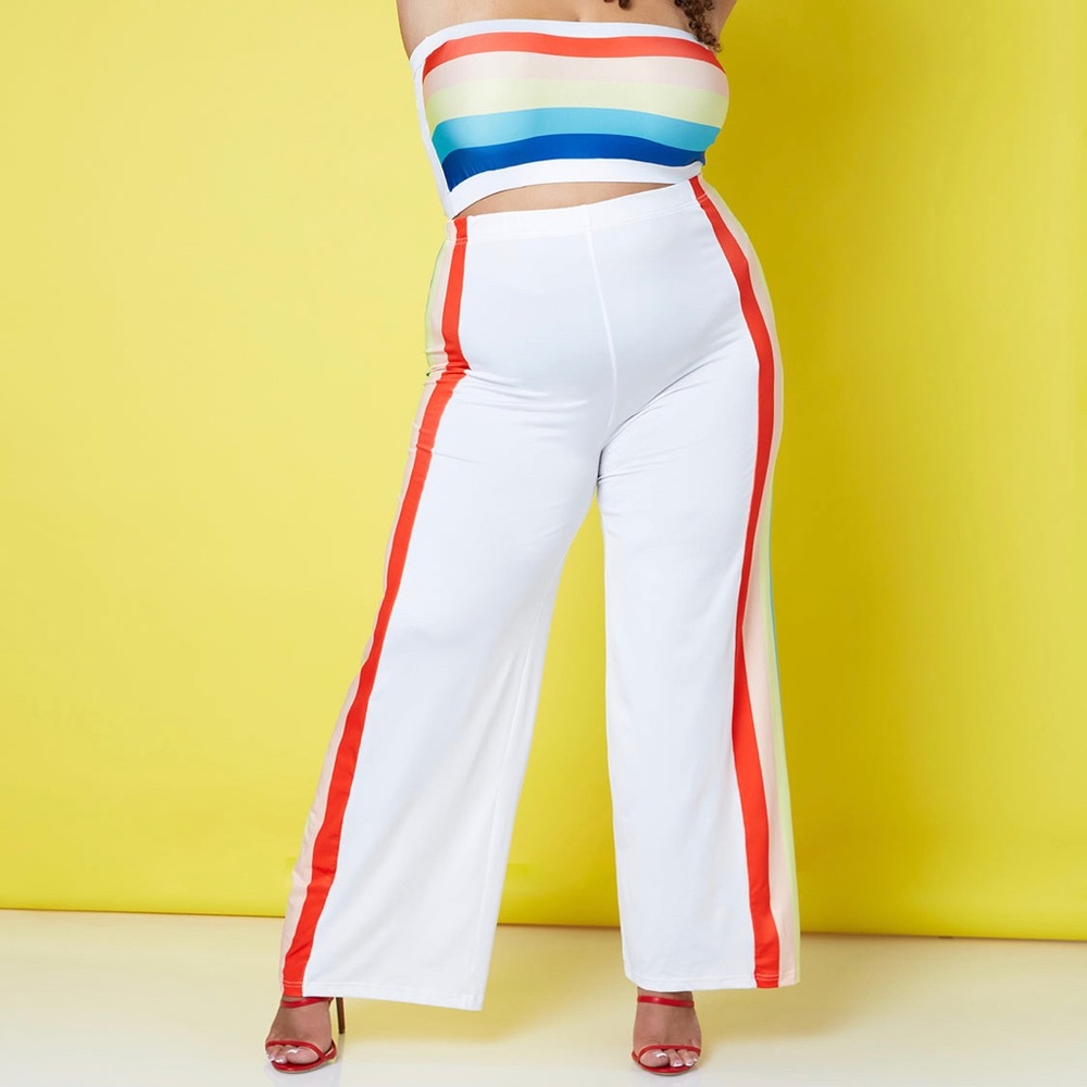Rebdolls White Wide Leg Pants with Multicolor Side Stripes - Picture 4 of 7